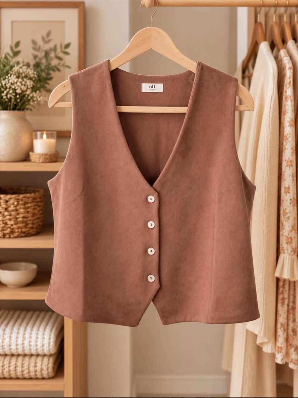 nlt Tailored Button-Front Vest in Mauve Brown